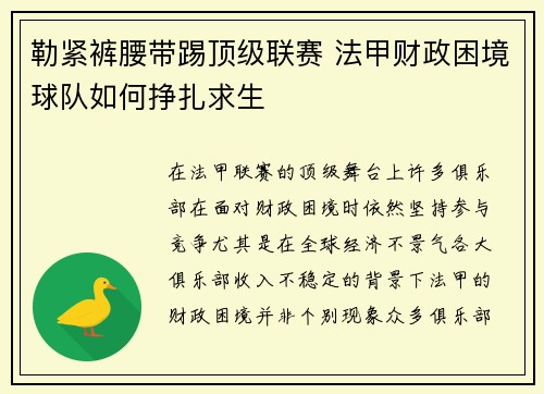 勒紧裤腰带踢顶级联赛 法甲财政困境球队如何挣扎求生