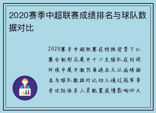 2020赛季中超联赛成绩排名与球队数据对比