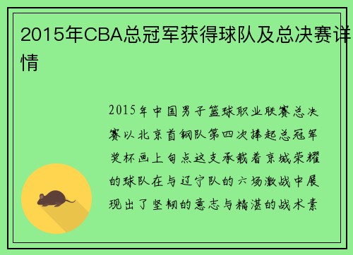 2015年CBA总冠军获得球队及总决赛详情